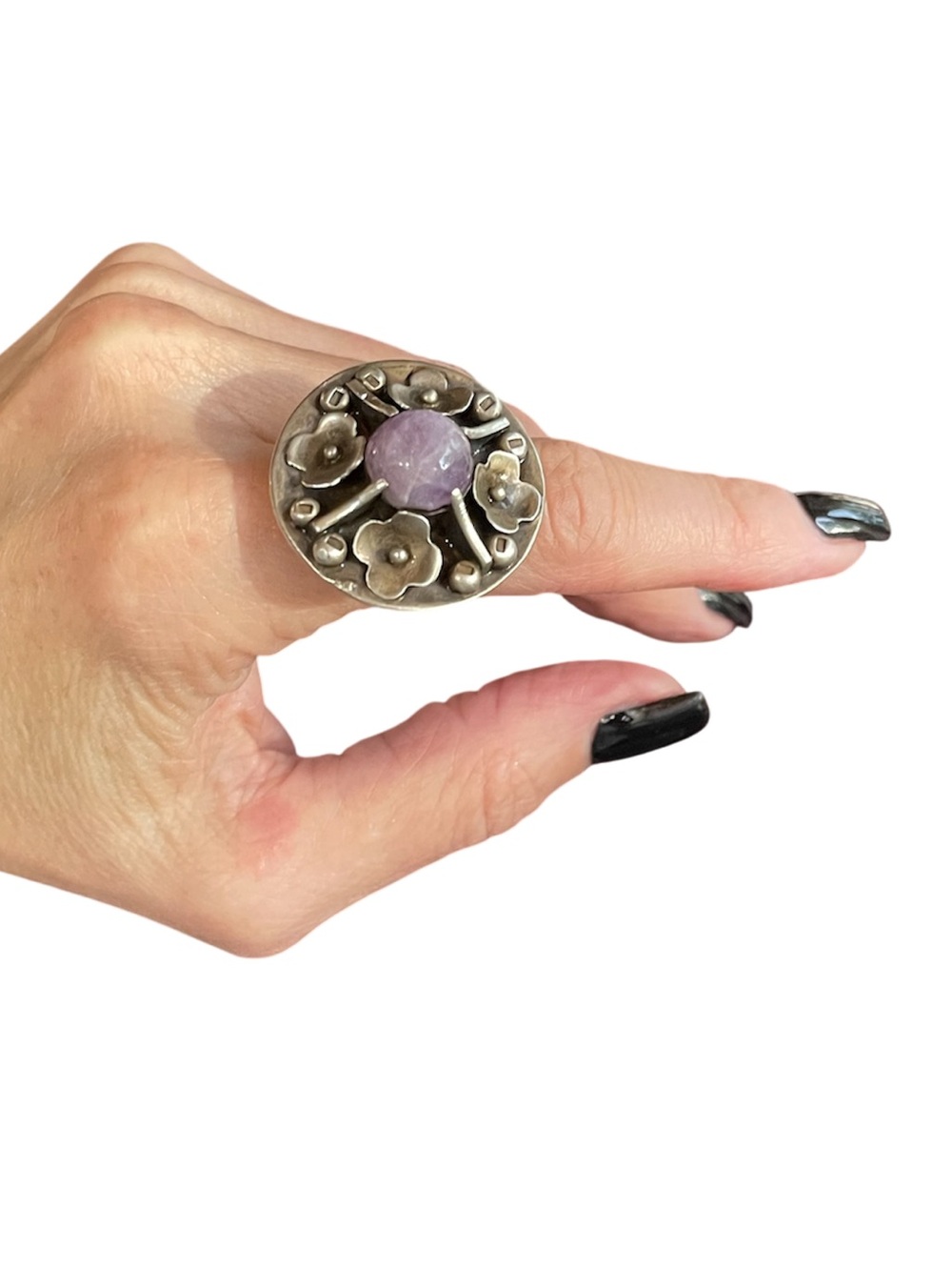 Vintage Mexican Sterling Silver Amethyst Cabochon Ring Size 7